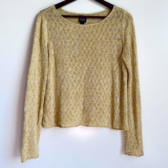 EILEEN FISHER Ballet Neck Linen Sweater Pale Crochet Yellow Green Women’s Medium - Picture 1 of 9